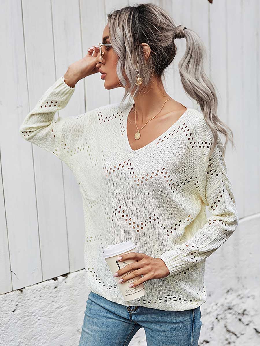 Stunncal Cutout V-neck Knit Loose Sweater