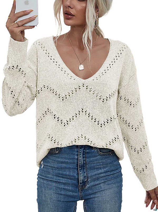 Stunncal Cutout V-neck Knit Loose Sweater