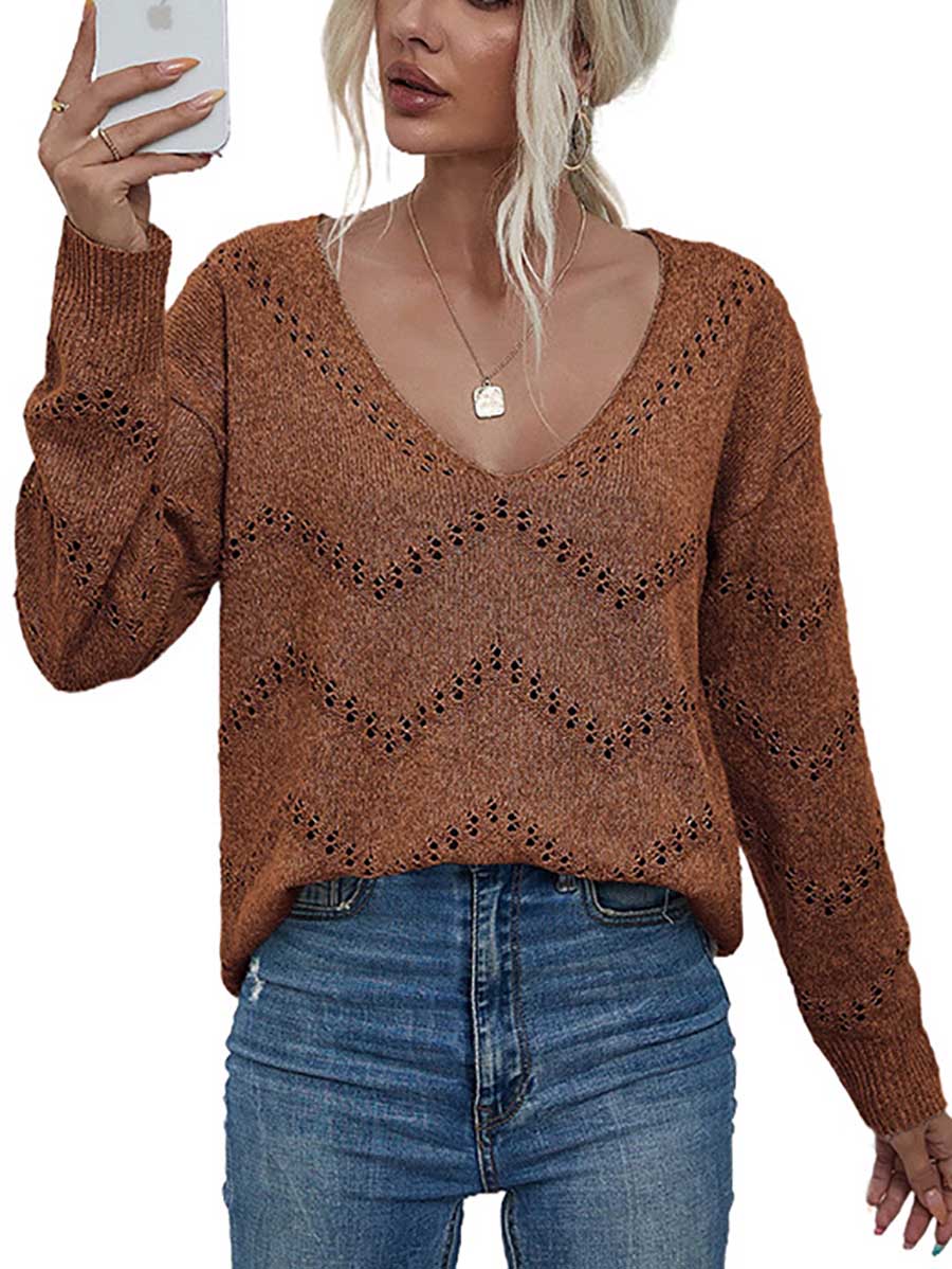 Stunncal Cutout V-neck Knit Loose Sweater