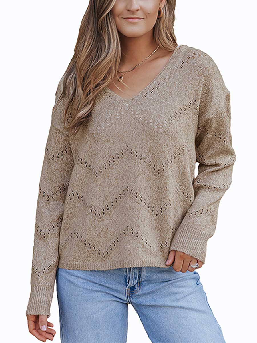 Stunncal Cutout V-neck Knit Loose Sweater