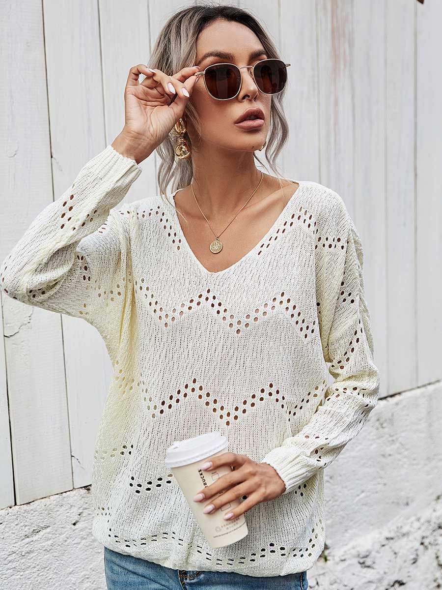 Stunncal Cutout V-neck Knit Loose Sweater