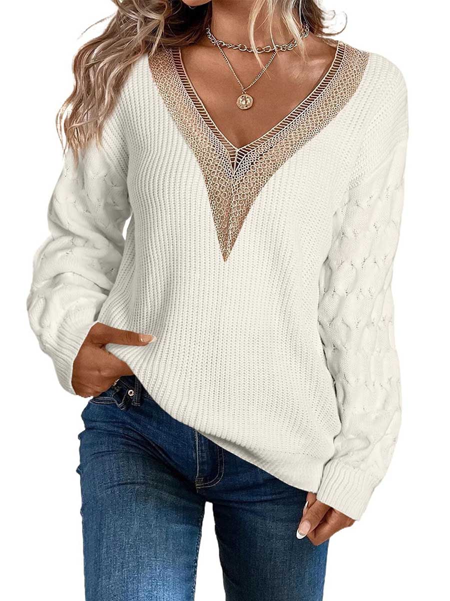 Stunncal Sexy Lace V-Neck Drop Shoulder Sweater