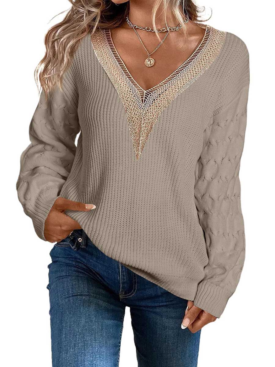 Stunncal Sexy Lace V-Neck Drop Shoulder Sweater