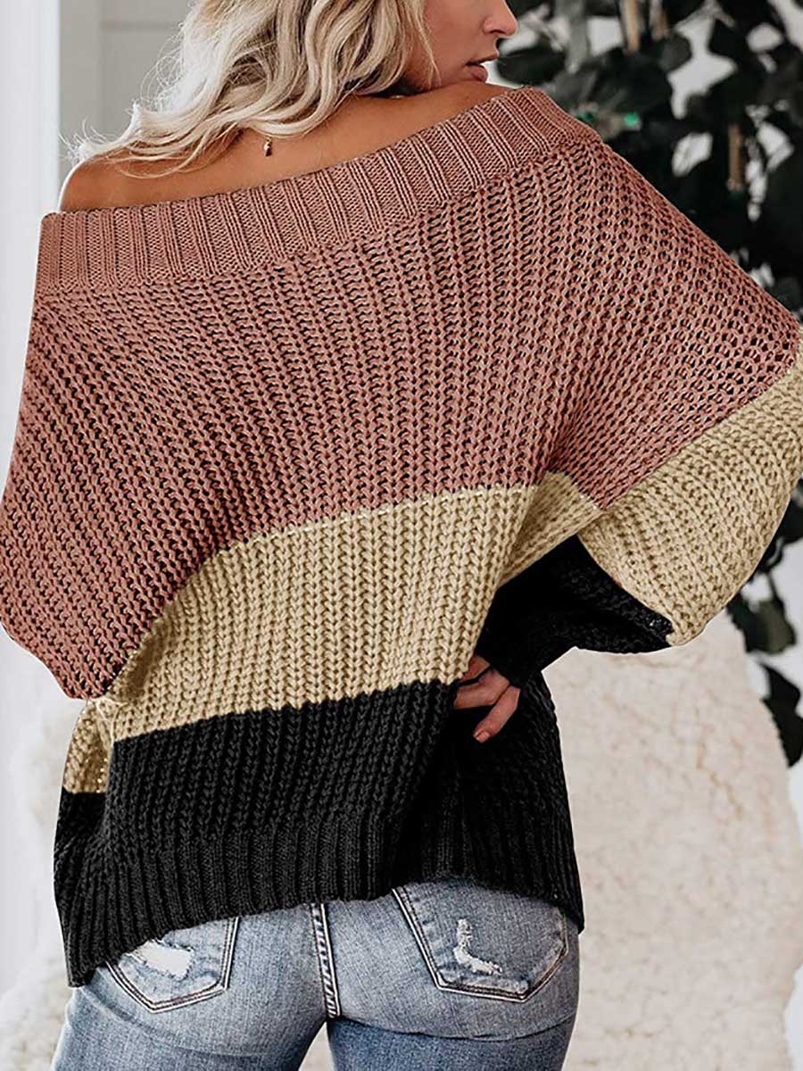 Stunncal One-line Collar Loose Patchwork Color Sweater