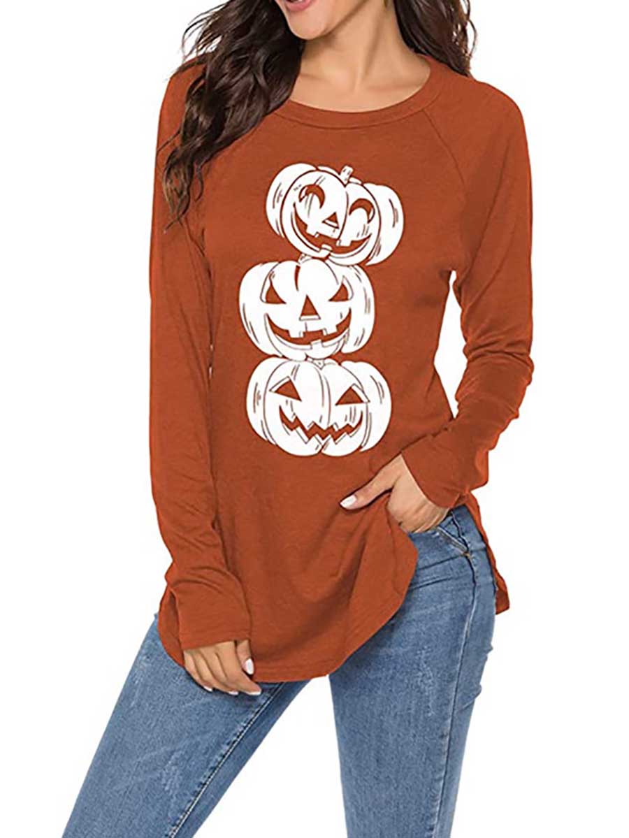 Stunncal Halloween Printed T-Shirt Loose Long Sleeve