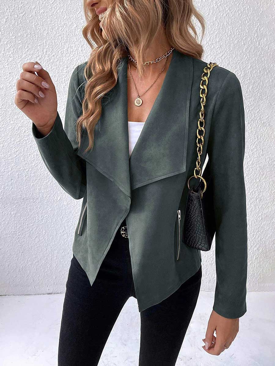 Stunncal Leather Velvet Lapel Long Sleeve Zipper Jacket