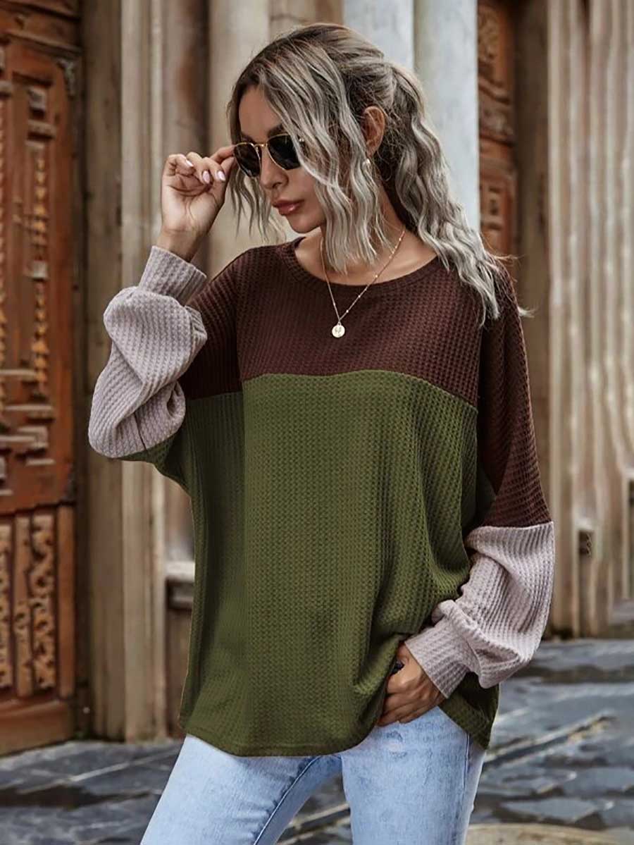 Stunncal Colorblocked Waffle Long Sleeve Casual Top