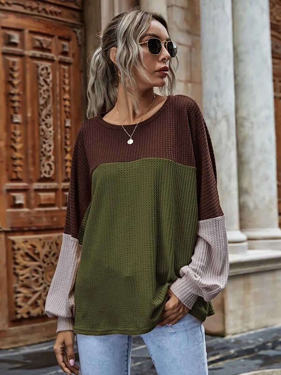 Stunncal Colorblocked Waffle Long Sleeve Casual Top