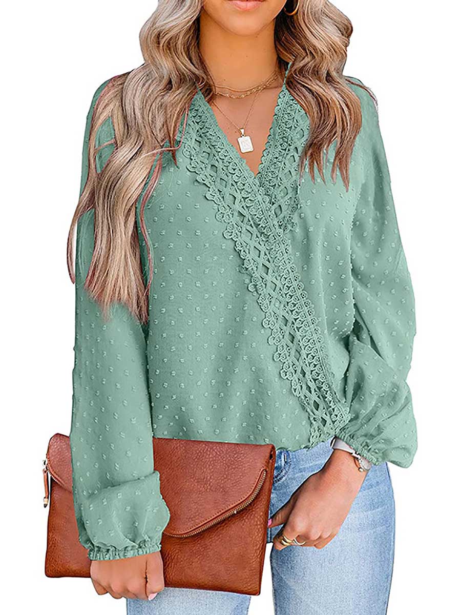 Stunncal Chiffon Casual Lace Blouse V-Neck Top
