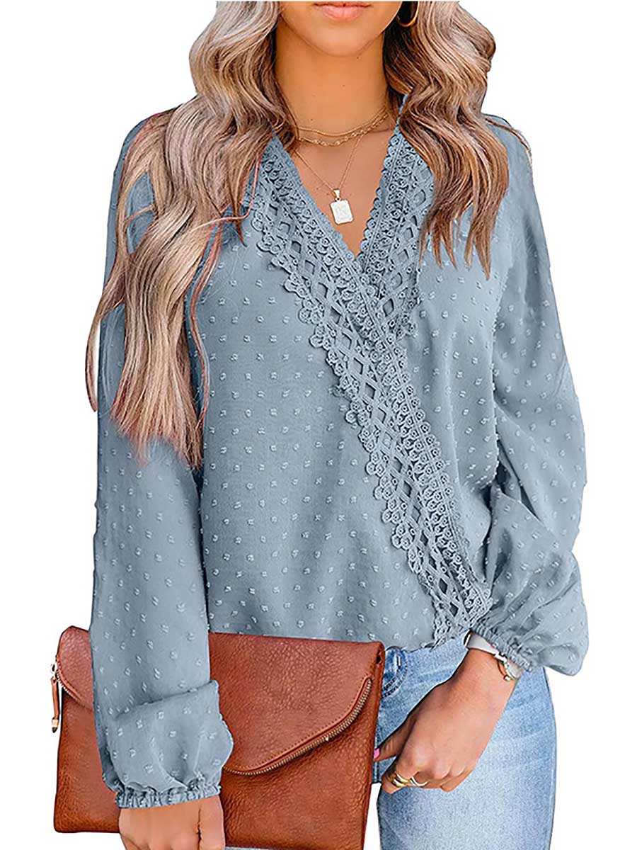 Stunncal Chiffon Casual Lace Blouse V-Neck Top