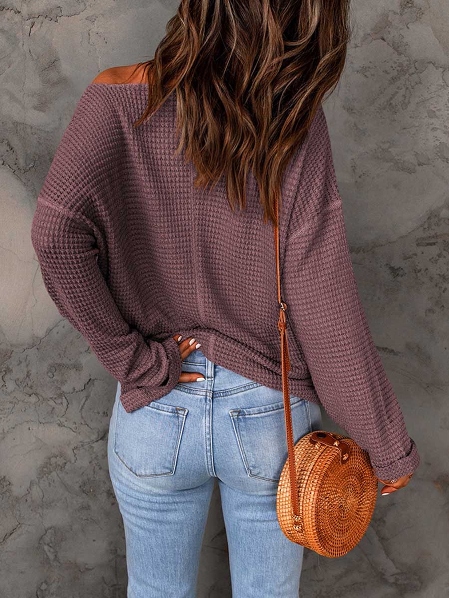 Stunncal Waffle Knit Long Sleeve V-Neck Sweater