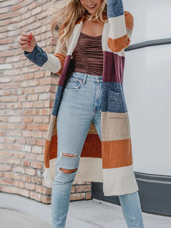 Stunncal Multicolor Knitted Color Block Open Front Long Cardigan