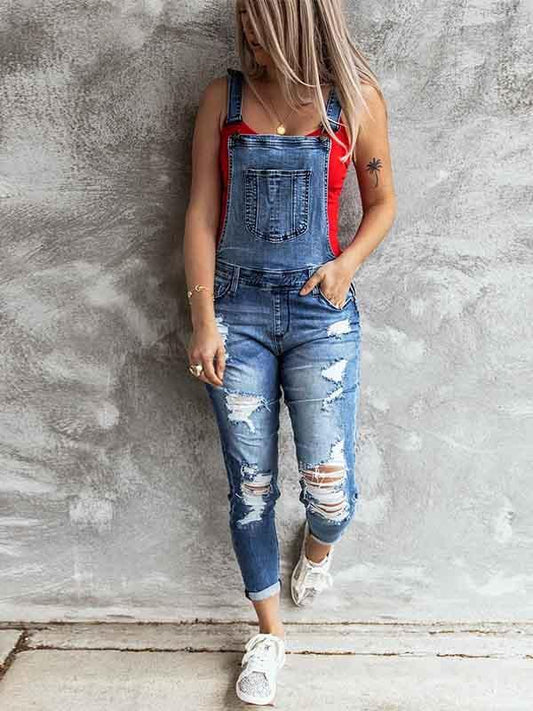 Stunncal Ripped Stretch Denim Jumpsuit