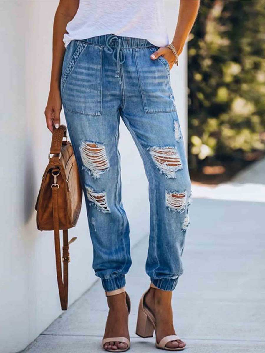 Stunncal Adjustable Waist Ripped Jeans