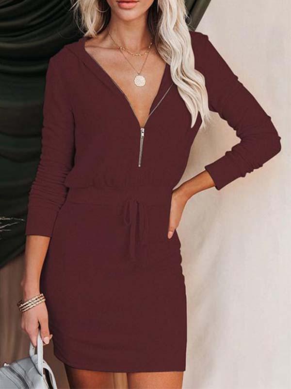 Stunncal Solid Color Zipper Hooded Dress