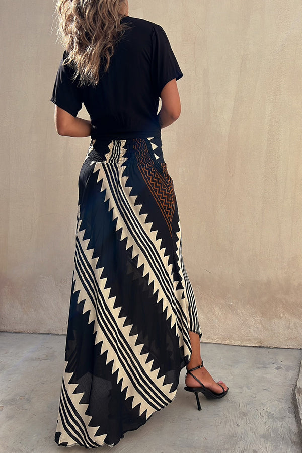 Stunncal Eva Satin Geometric Print Elastic Waist Maxi Skirt