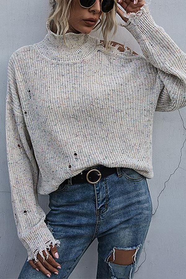 Stunncal Loose Off-shoulder Ripped Long-sleeved High-neck Knitted Sweater