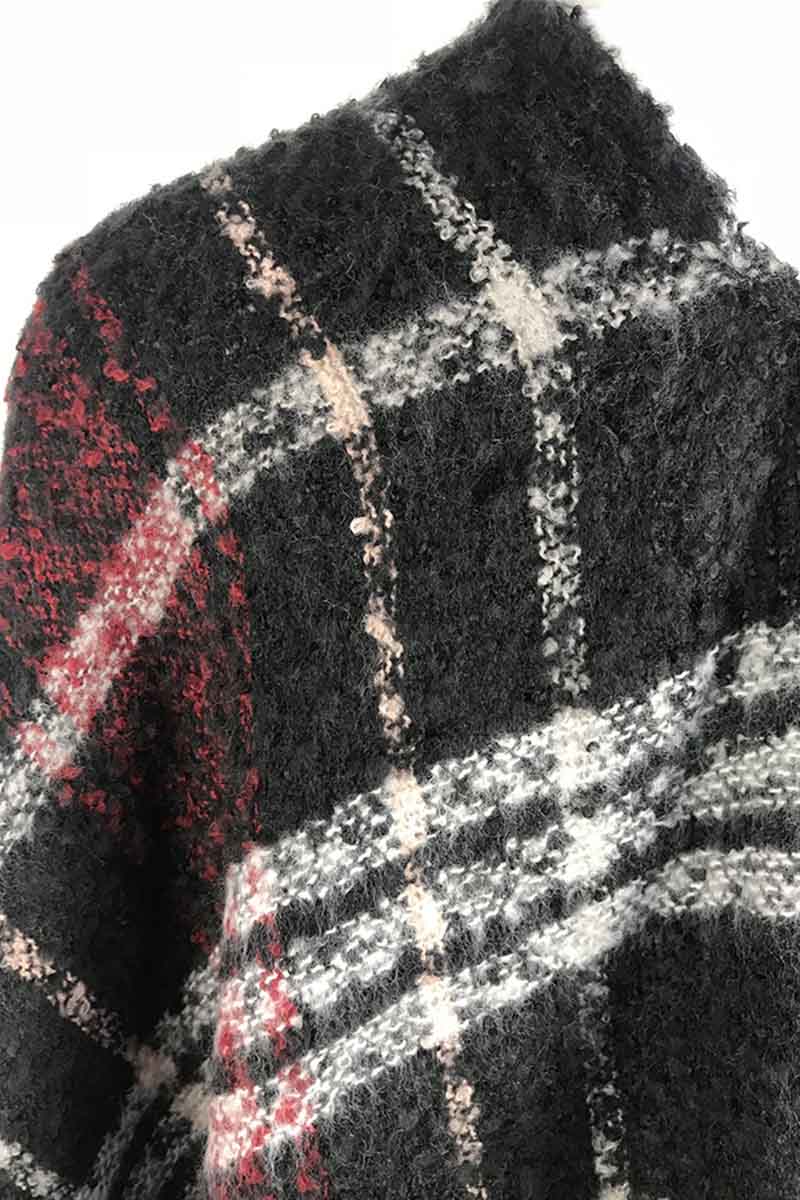 Stunncal Plaid Fringed Knit Shawl Coat