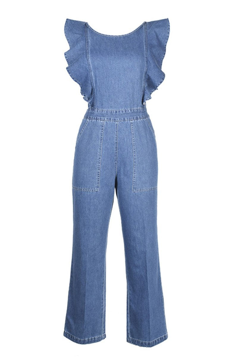 Stunncal O Neck Flouncing Denim Jumpsuit