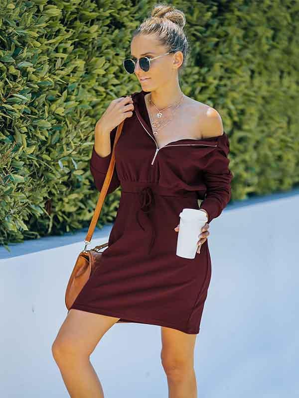 Stunncal Solid Color Zipper Hooded Dress
