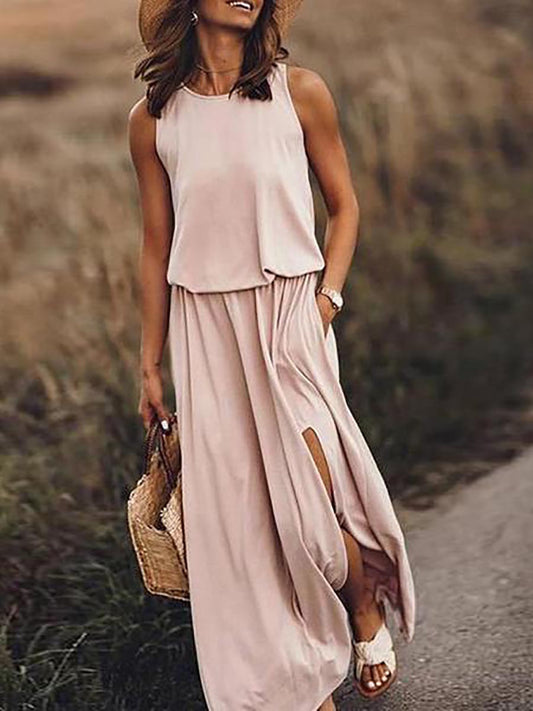 Stunncal Pockets O Neck Sleeveless Slit Maxi Dress