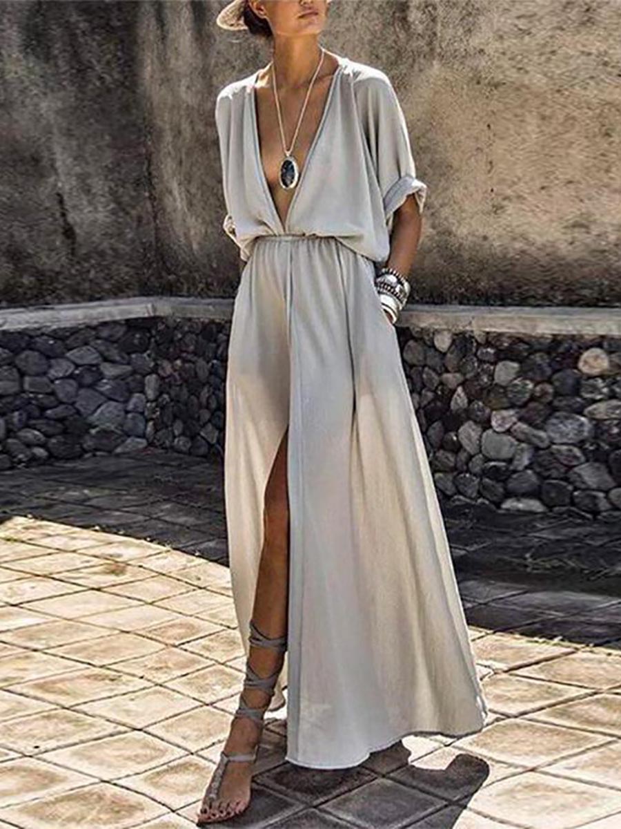 Stunncal Deep V-neck Solid Color Mid-sleeve Large Swing Skirt Split Long Dress