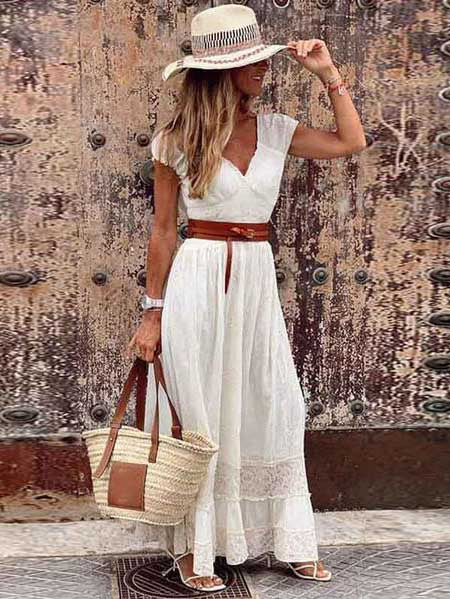 Stunncal Sexy V Neck Lace Maxi Dress