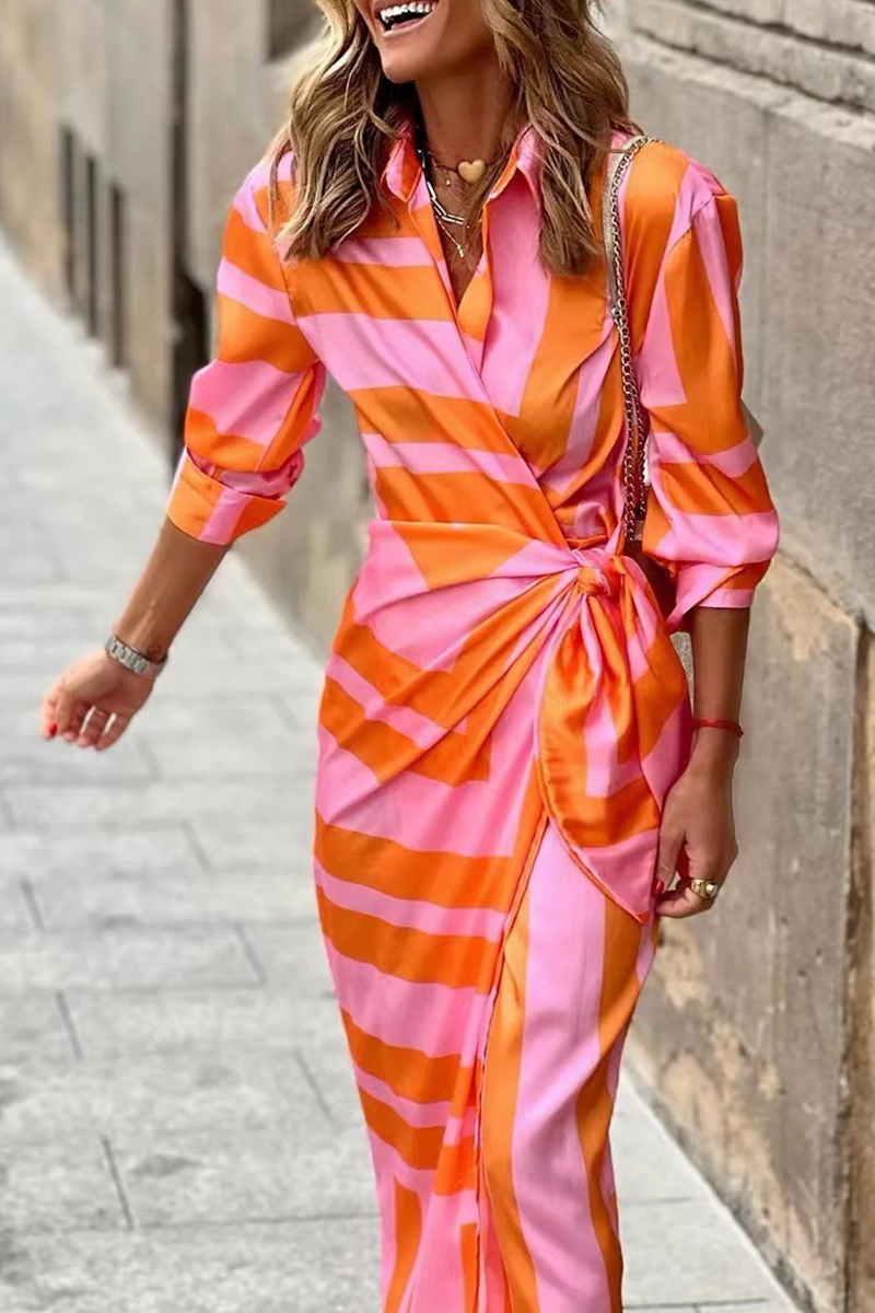 Stunncal Fashion Print Split Joint Turndown Collar Shirt Dress Dresses(3 colors)
