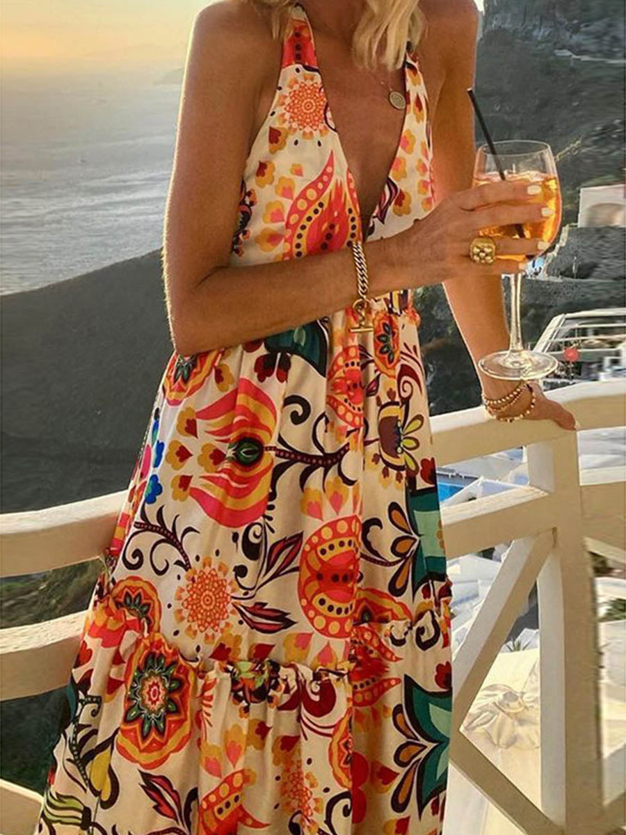 Stunncal Sexy Vacation Print Backless Printing Halter Beach Dresses