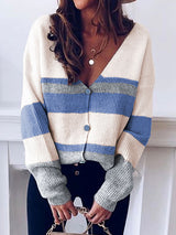 Stunncal Casual Striped Patchwork V Neck Cardigans(4 Colors)