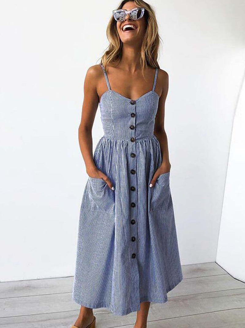 Stunncal Striped Button Pocket Dress