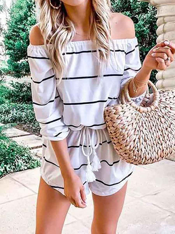 Stunncal Long Sleeve Striped Off Shoulder Casual Wear Romper