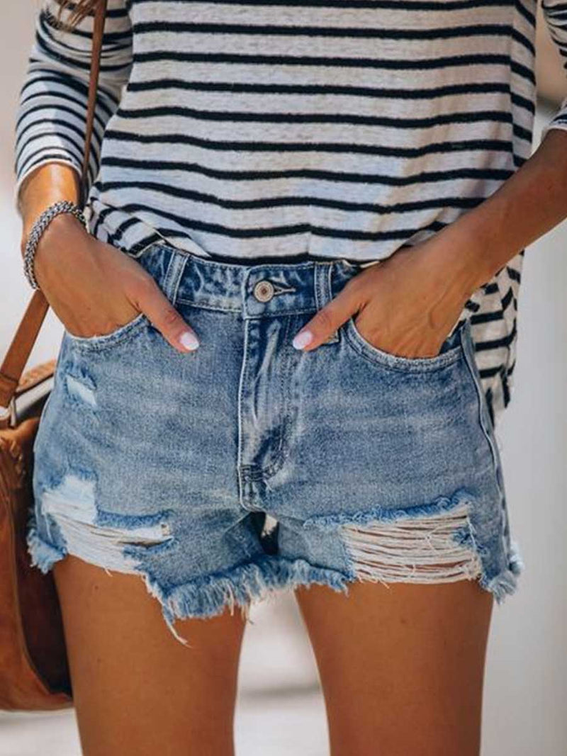 Stunncal Buttons Fringed Jeans Shorts