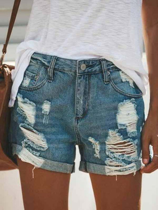 Regular Waist Solid Color Regular Fit Hole Denim Shorts