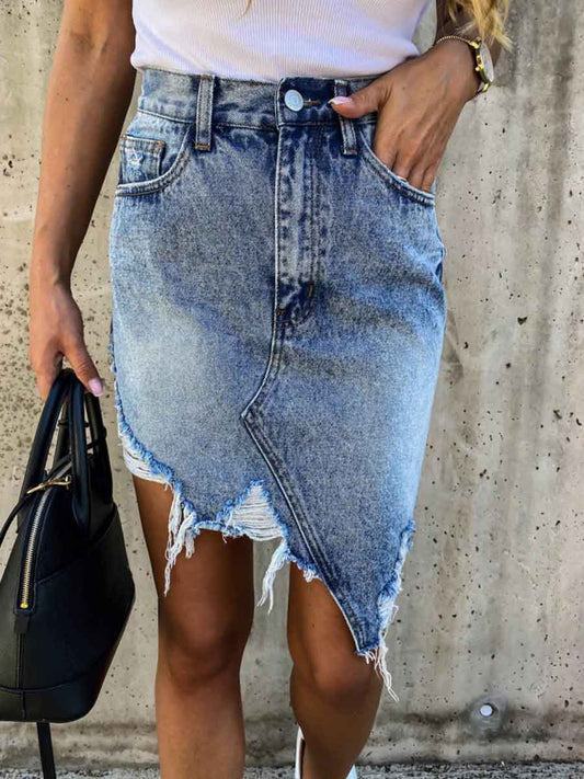 Stunncal Irregular Fringed Denim Skirt