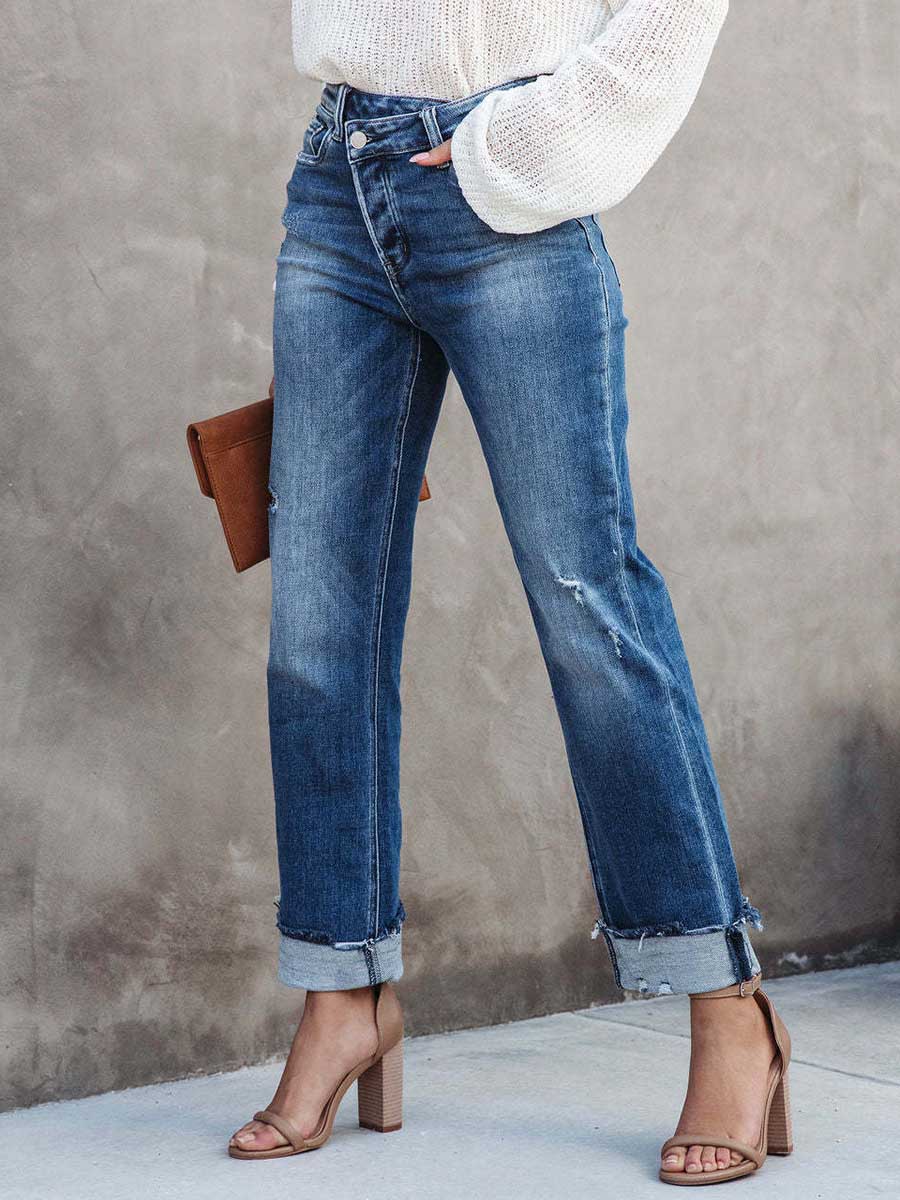 Stunncal Casual Street Solid Make Old Asymmetrical Straight Denim Jeans