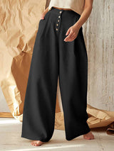 Stunncal Solid Color High Waist Casual Button Wide Leg Pants