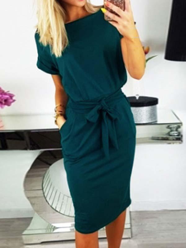 Stunncal O Neck Midi Dress With Belt (4 colors)