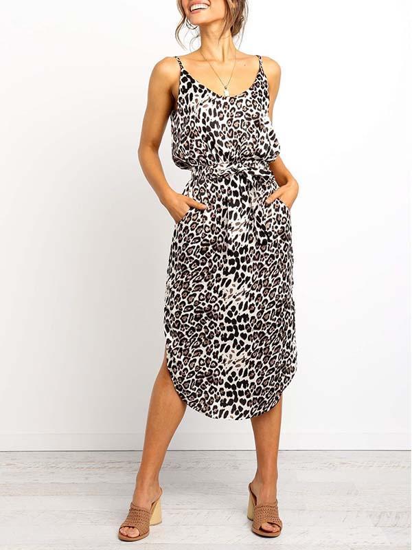 Stunncal Leopard Slit Dress With Pocket