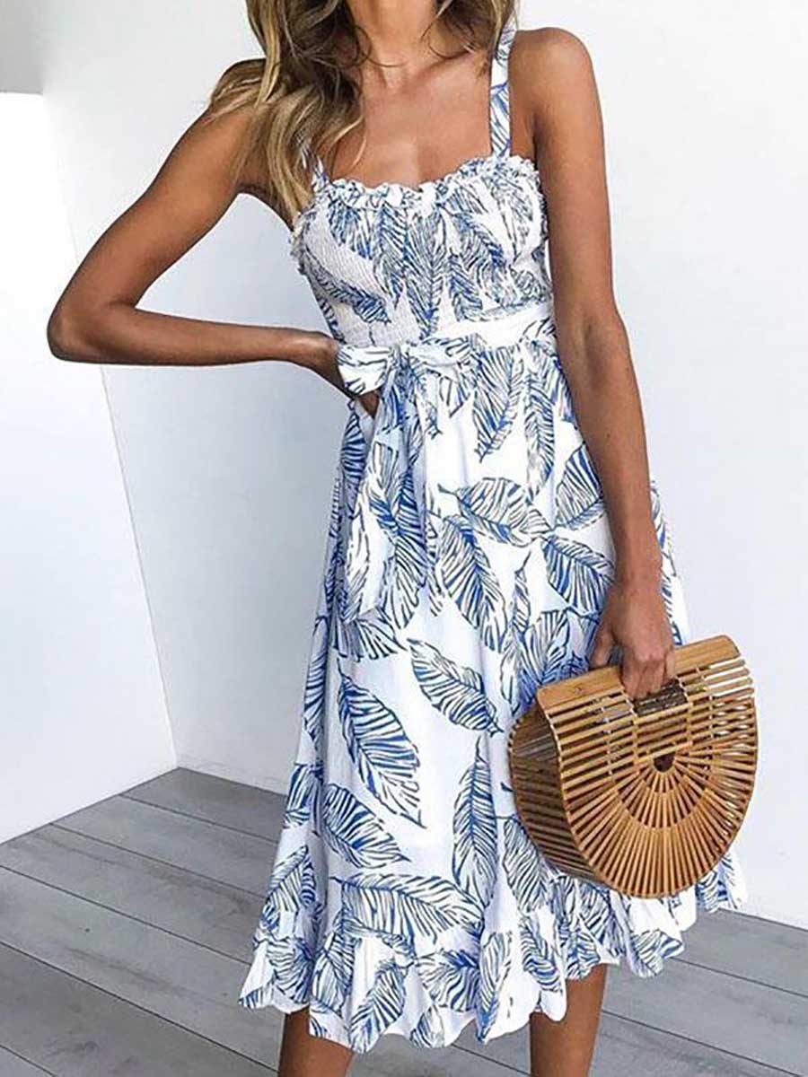 Stunncal Sleeveless Leaf Print Spaghetti Strap Casual Wear Dress