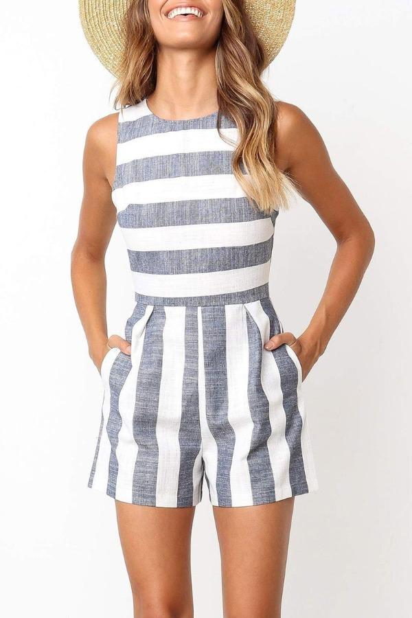 Stunncal Sleeveless Striped Romper(3 Colors)