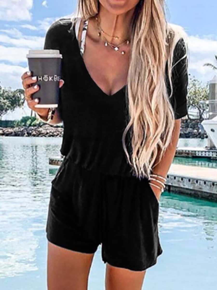 Stunncal V Neck Black Casual One-piece Romper
