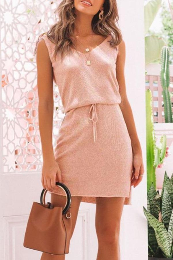 Stunncal Sleeveless Solid Color V Neck A-Line Dress