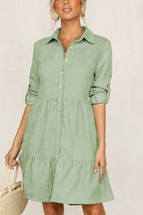 Stunncal Rolled Up Sleeve Button Down Ruffle Dress