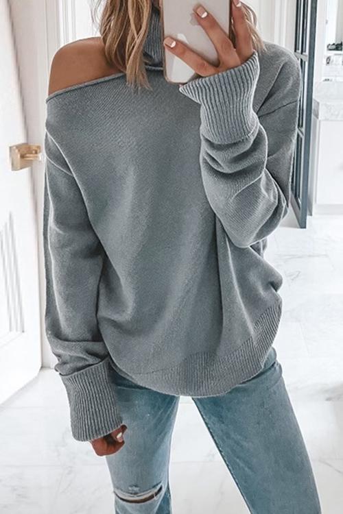 StunncalTurtleneck Cold Shoulder Solid Knit Pullovers