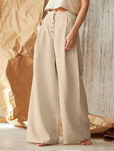 Stunncal Solid Color High Waist Casual Button Wide Leg Pants