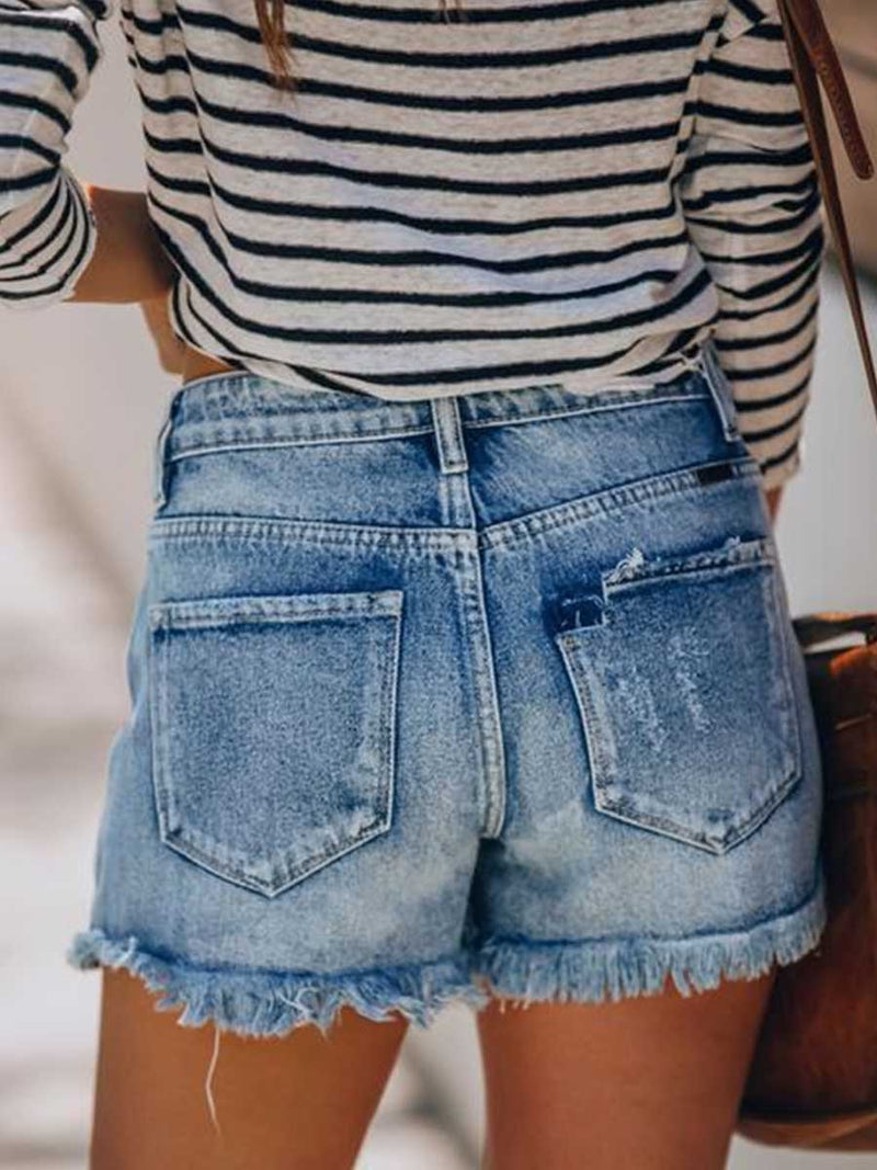 Stunncal Buttons Fringed Jeans Shorts