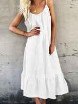 Stunncal Cotton Linen Halter Solid Color Ruffle Dress
