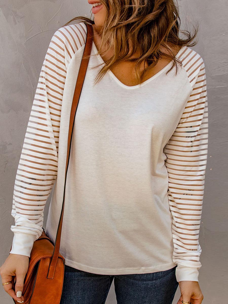 Stunncal Hollow Striped Long Sleeve V-Neck Top(6 colors)