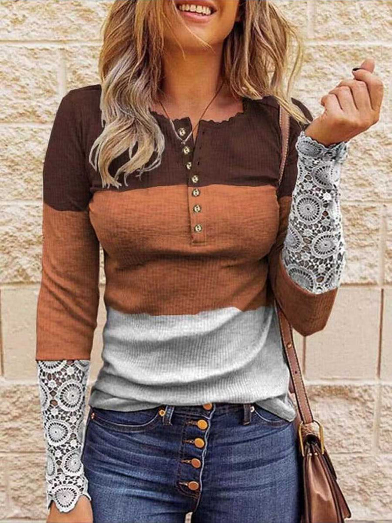 Stunncal Round Neck Stitching Lace Long Sleeve T-Shirt(14 colors)